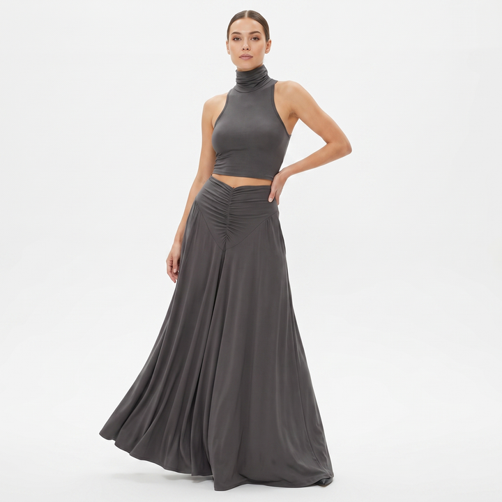 Women's Halter Neck Cut-Out Maxi Dress Ruched Waist Sleeveless Formal