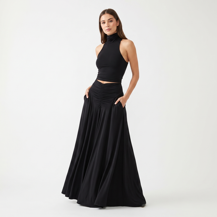 Women's Halter Neck Cut-Out Maxi Dress Ruched Waist Sleeveless Formal