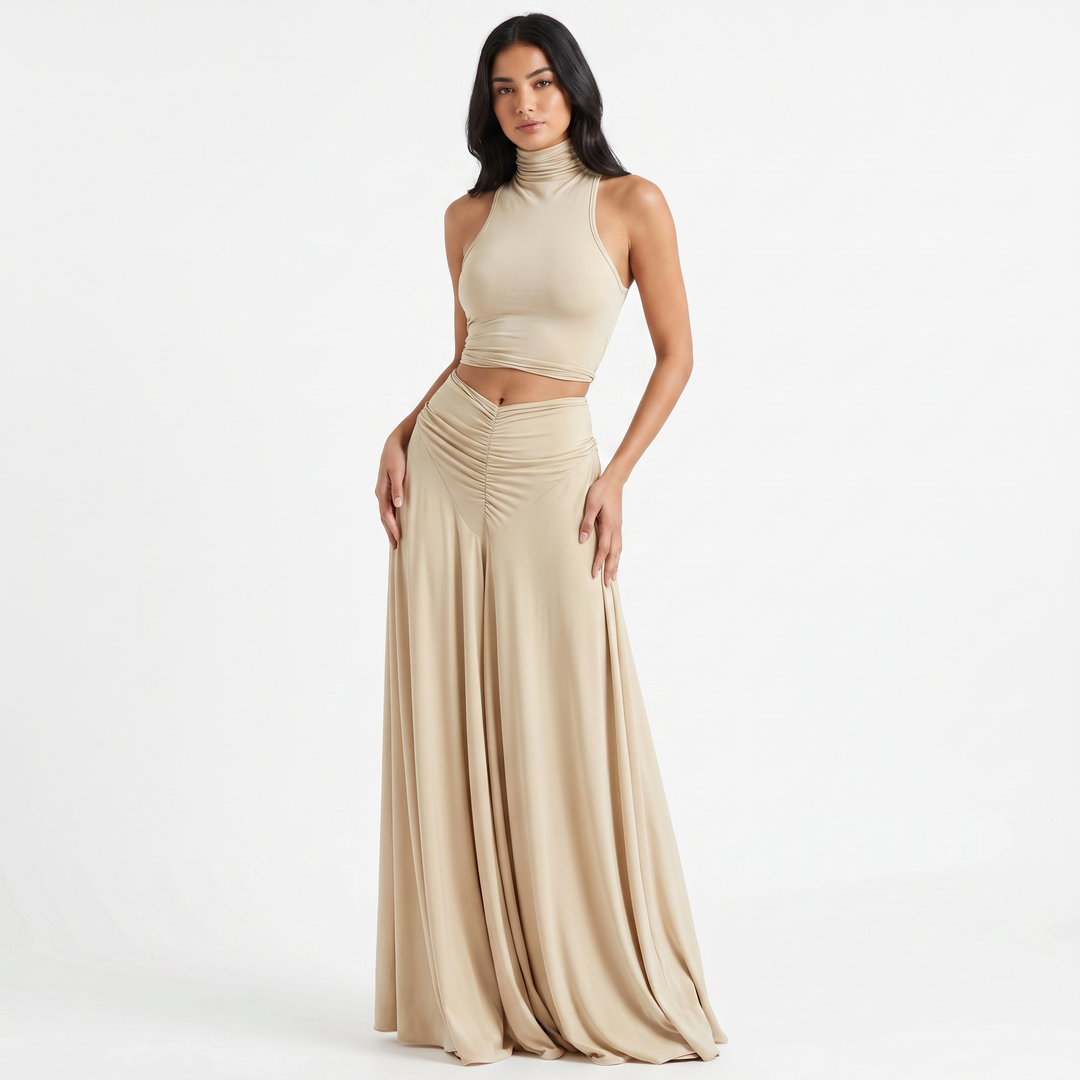 Women's Halter Neck Cut-Out Maxi Dress Ruched Waist Sleeveless Formal