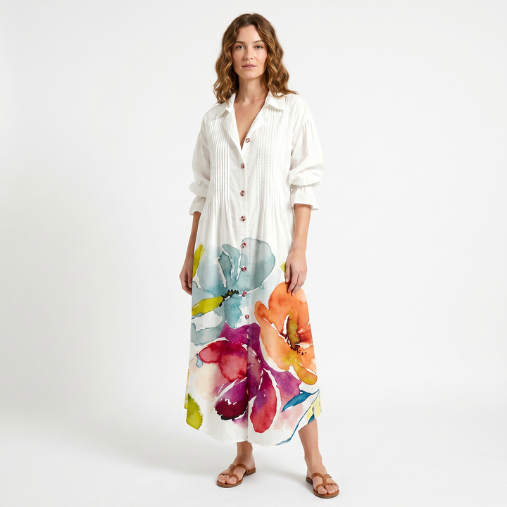 Women's Floral Print Maxi Dress Long Sleeve Button Front V-Neck Boho