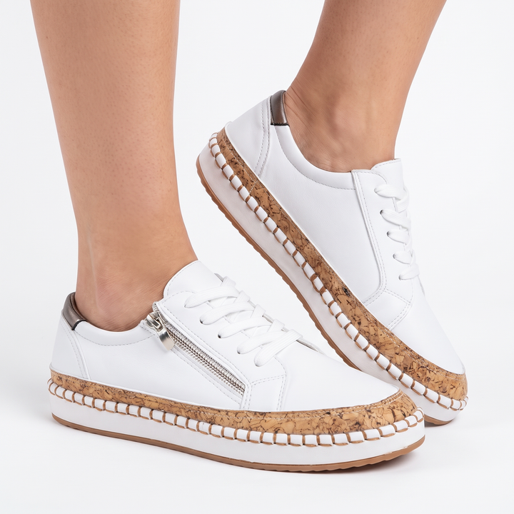 Women's Platform Sneakers Cork Sole Lace Up Side Zip Casual Trainers