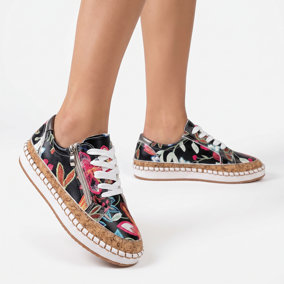 Women's Platform Sneakers Cork Sole Lace Up Side Zip Casual Trainers