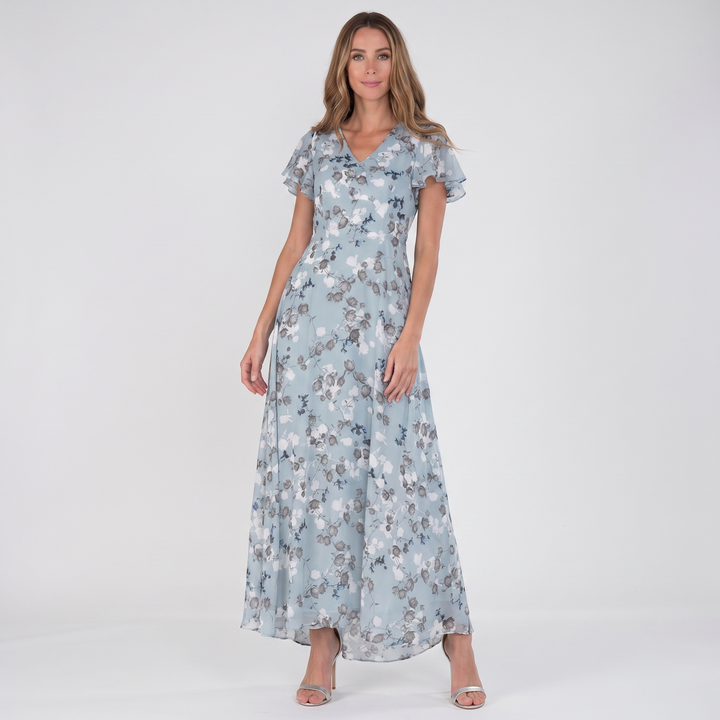 Women's Floral Chiffon Maxi Dress Flutter Sleeve V-Neck Wedding Guest