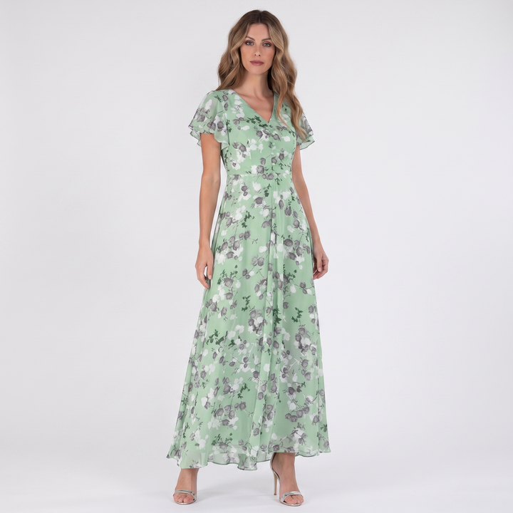 Women's Floral Chiffon Maxi Dress Flutter Sleeve V-Neck Wedding Guest