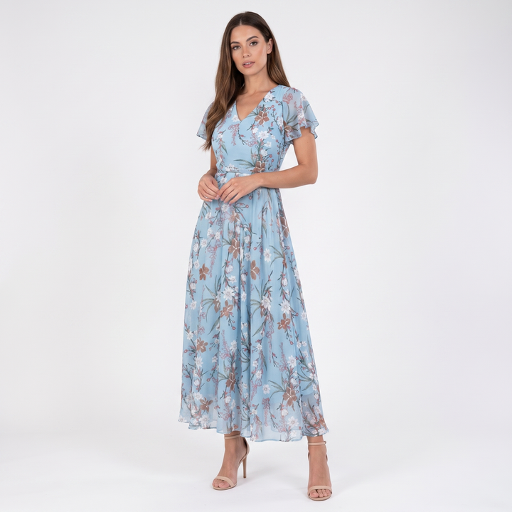 Women's Floral Chiffon Maxi Dress Flutter Sleeve V-Neck Wedding Guest