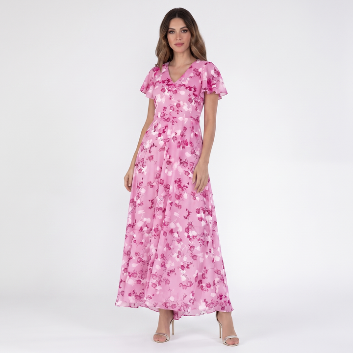 Women's Floral Chiffon Maxi Dress Flutter Sleeve V-Neck Wedding Guest