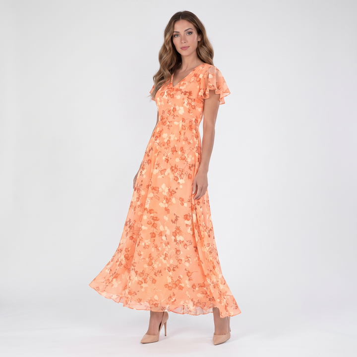 Women's Floral Chiffon Maxi Dress Flutter Sleeve V-Neck Wedding Guest