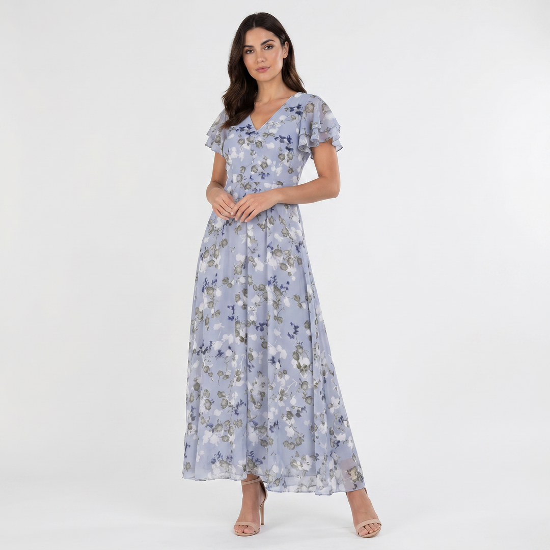 Women's Floral Chiffon Maxi Dress Flutter Sleeve V-Neck Wedding Guest