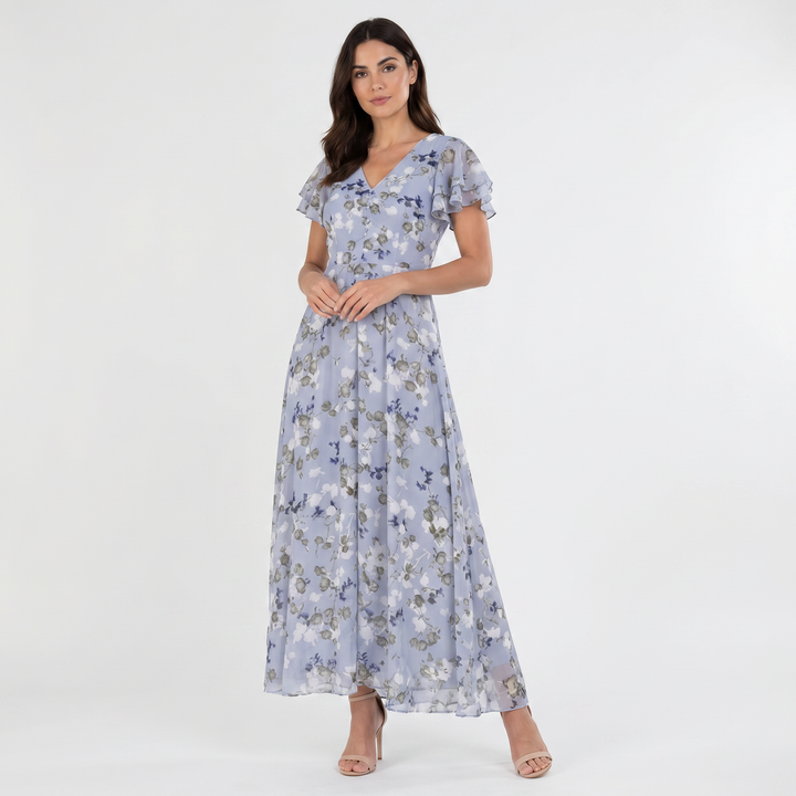 Women's Floral Chiffon Maxi Dress Flutter Sleeve V-Neck Wedding Guest