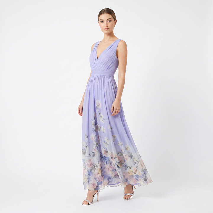 Women's Floral Border Print Maxi Dress Deep V-Neck Sleeveless Formal Gown