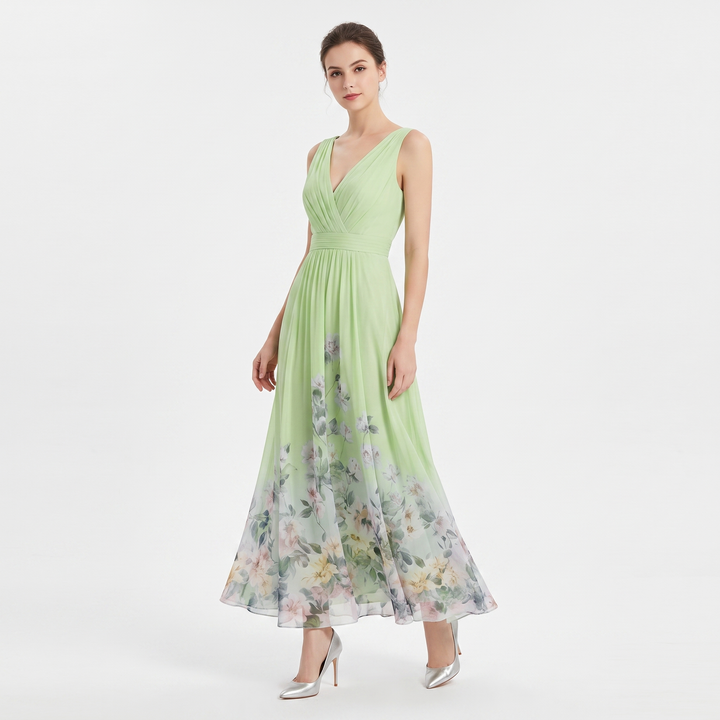 Women's Floral Border Print Maxi Dress Deep V-Neck Sleeveless Formal Gown