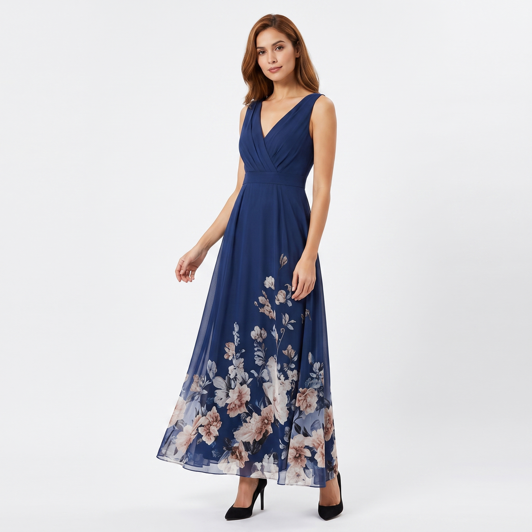 Women's Floral Border Print Maxi Dress Deep V-Neck Sleeveless Formal Gown
