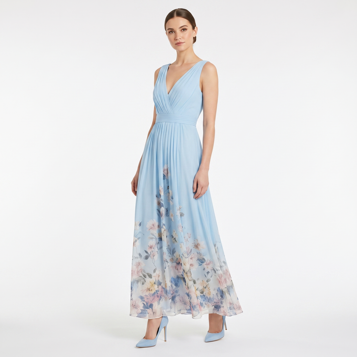 Women's Floral Border Print Maxi Dress Deep V-Neck Sleeveless Formal Gown