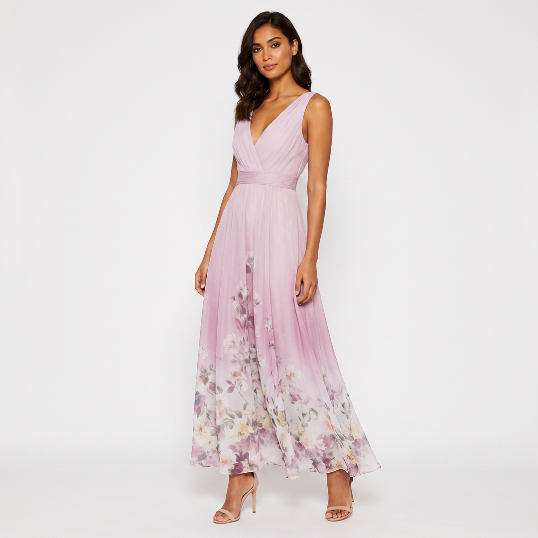Women's Floral Border Print Maxi Dress Deep V-Neck Sleeveless Formal Gown