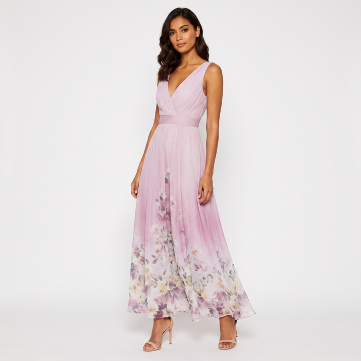 Women's Floral Border Print Maxi Dress Deep V-Neck Sleeveless Formal Gown