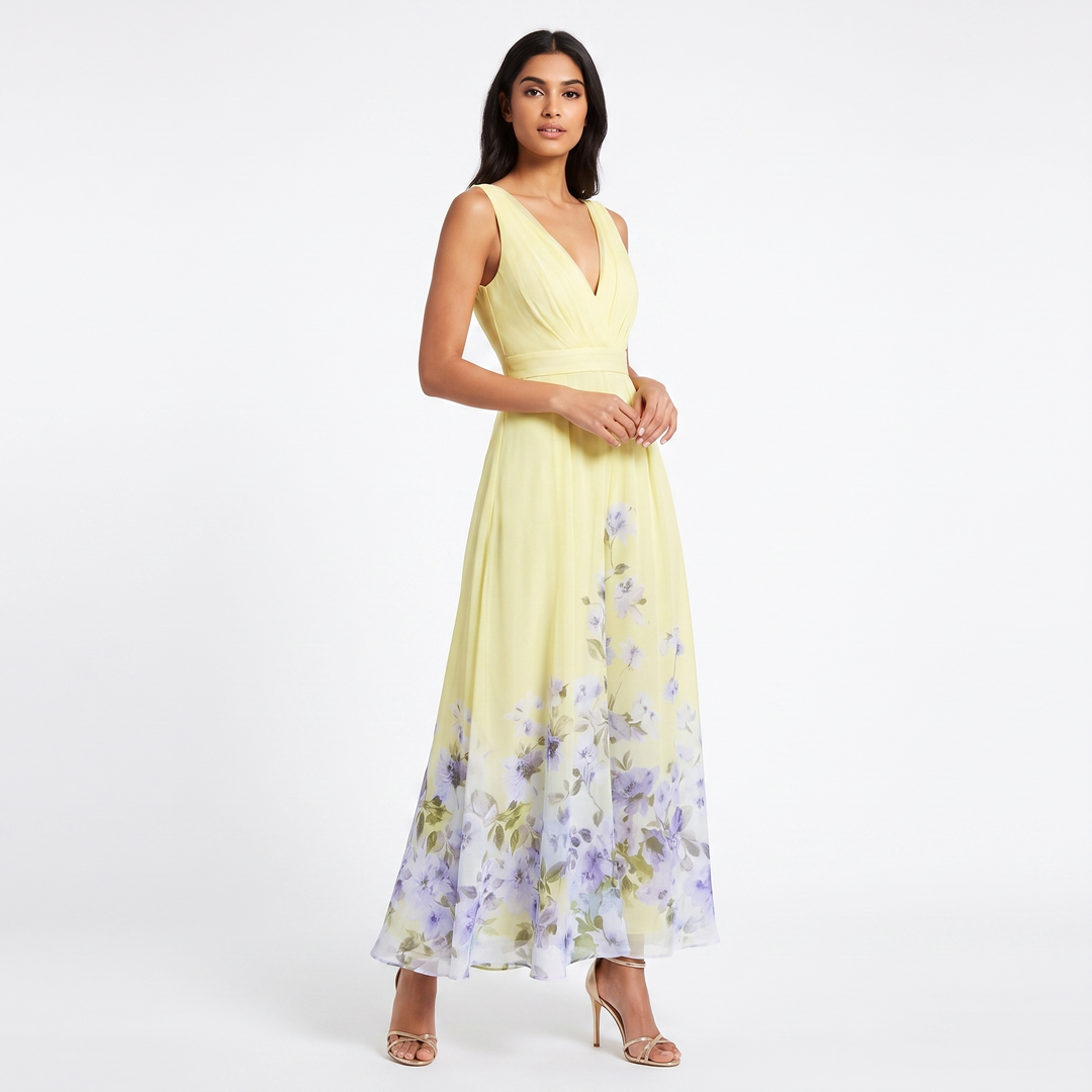 Women's Floral Border Print Maxi Dress Deep V-Neck Sleeveless Formal Gown