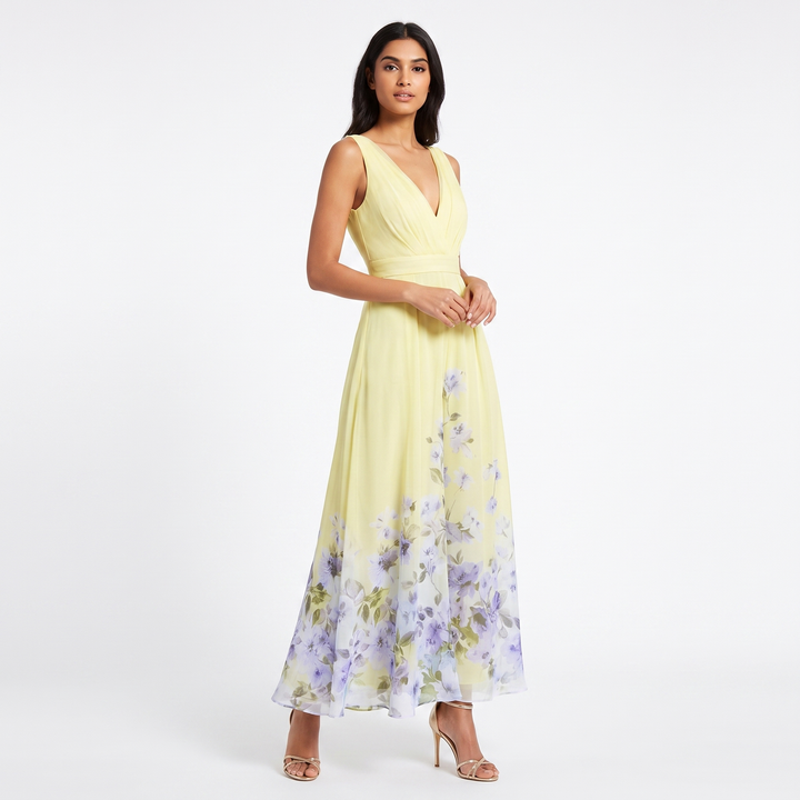 Women's Floral Border Print Maxi Dress Deep V-Neck Sleeveless Formal Gown
