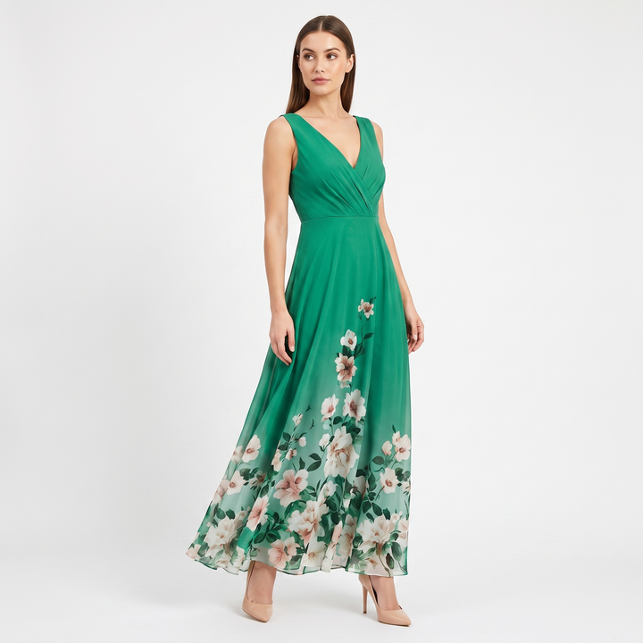 Women's Floral Border Print Maxi Dress Deep V-Neck Sleeveless Formal Gown