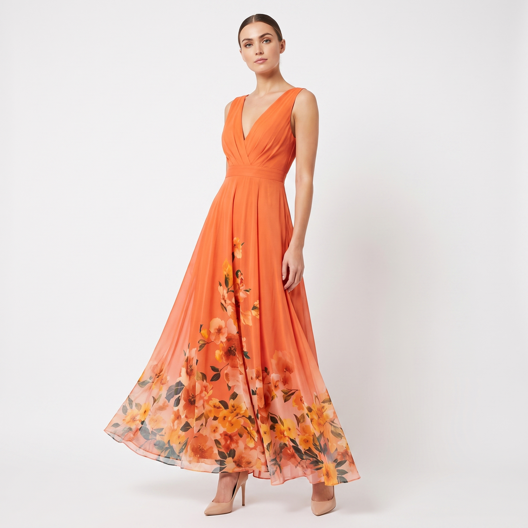 Women's Floral Border Print Maxi Dress Deep V-Neck Sleeveless Formal Gown