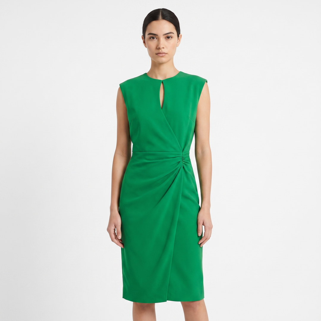 Women's Ruched Waist Midi Dress Sleeveless Keyhole Neck Wrap Skirt Formal
