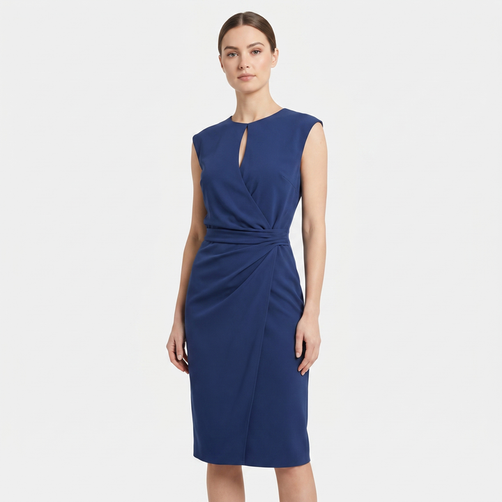 Women's Ruched Waist Midi Dress Sleeveless Keyhole Neck Wrap Skirt Formal