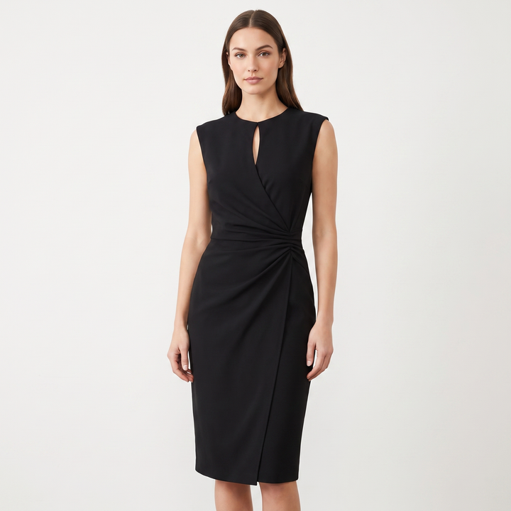 Women's Ruched Waist Midi Dress Sleeveless Keyhole Neck Wrap Skirt Formal