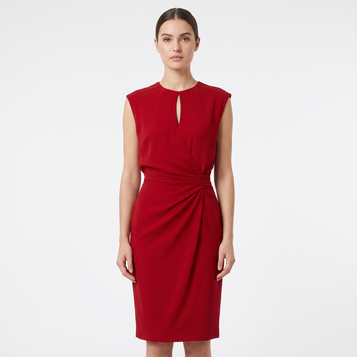 Women's Ruched Waist Midi Dress Sleeveless Keyhole Neck Wrap Skirt Formal