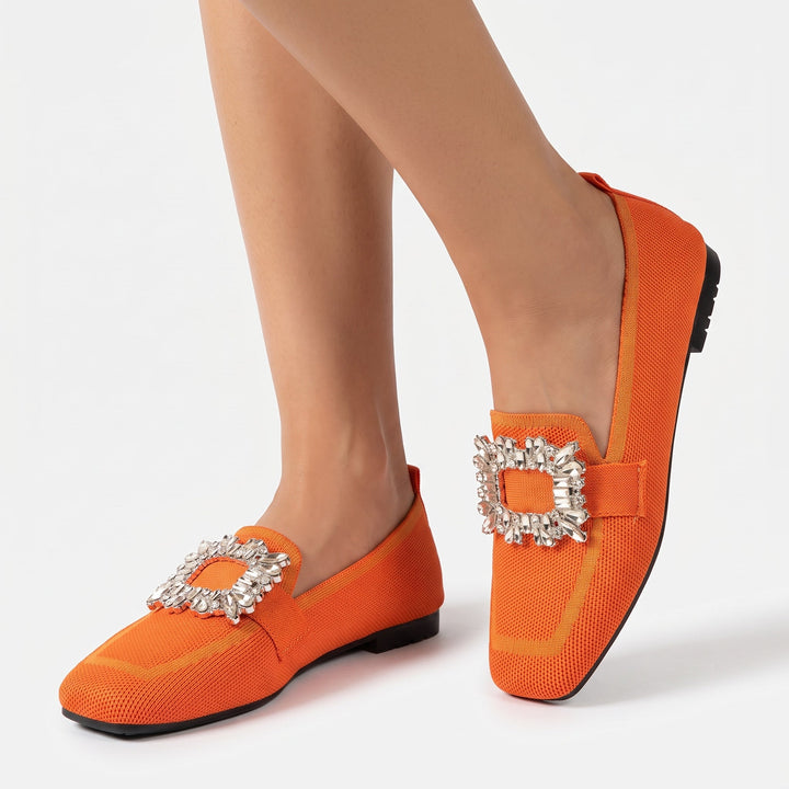 Women's Rhinestone Buckle Flat Loafers Square Toe Knit Slip On Casual Shoes