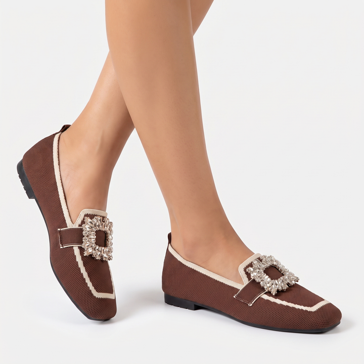 Women's Rhinestone Buckle Flat Loafers Square Toe Knit Slip On Casual Shoes