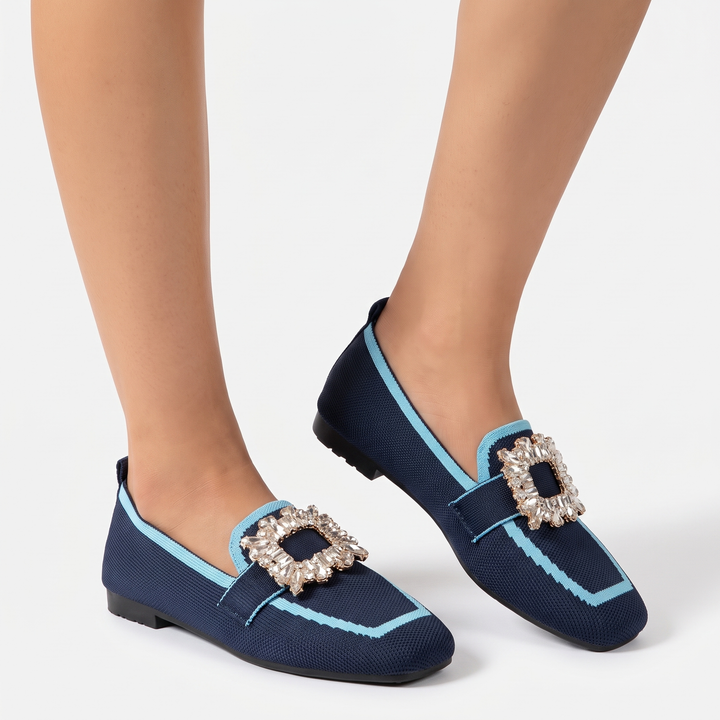 Women's Rhinestone Buckle Flat Loafers Square Toe Knit Slip On Casual Shoes