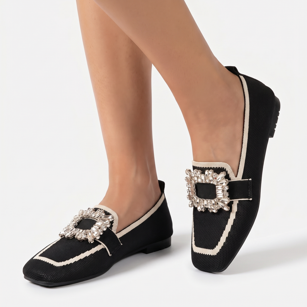 Women's Rhinestone Buckle Flat Loafers Square Toe Knit Slip On Casual Shoes