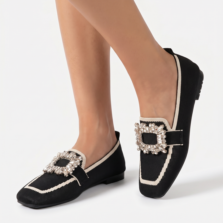 Women's Rhinestone Buckle Flat Loafers Square Toe Knit Slip On Casual Shoes