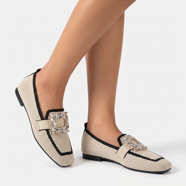 Women's Rhinestone Buckle Flat Loafers Square Toe Knit Slip On Casual Shoes