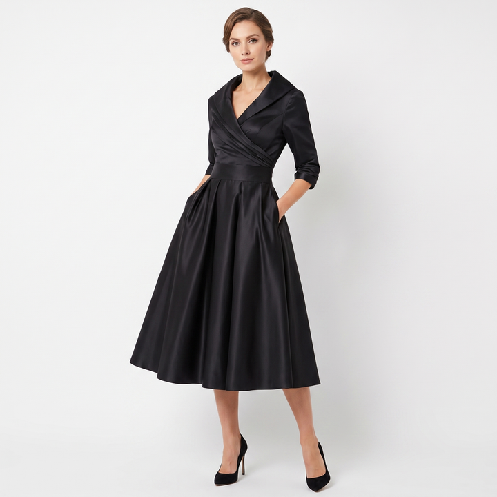 Women's Wrap V-Neck Midi Dress 3/4 Sleeve A-Line Formal Cocktail Party Dress