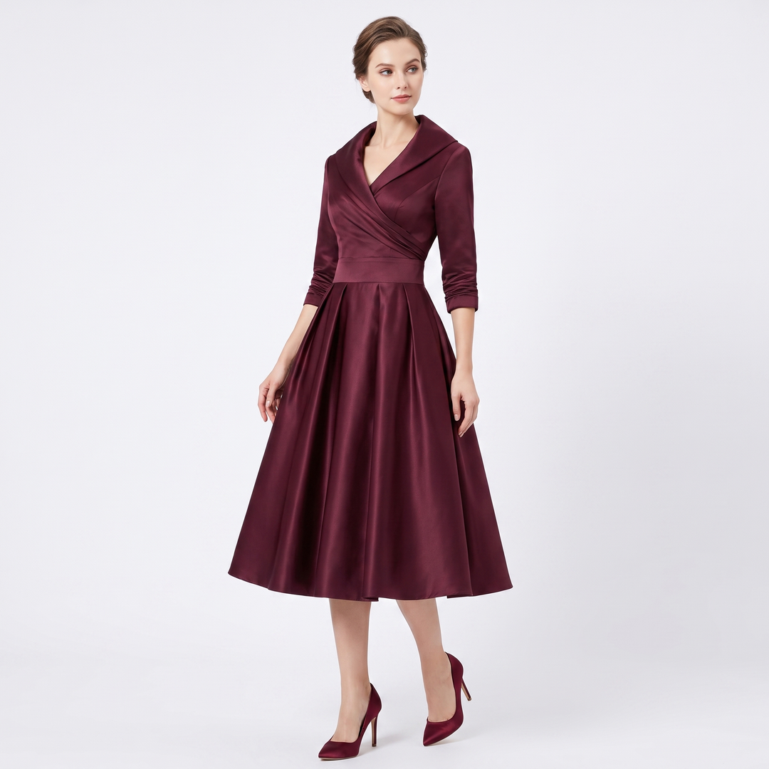 Women's Wrap V-Neck Midi Dress 3/4 Sleeve A-Line Formal Cocktail Party Dress