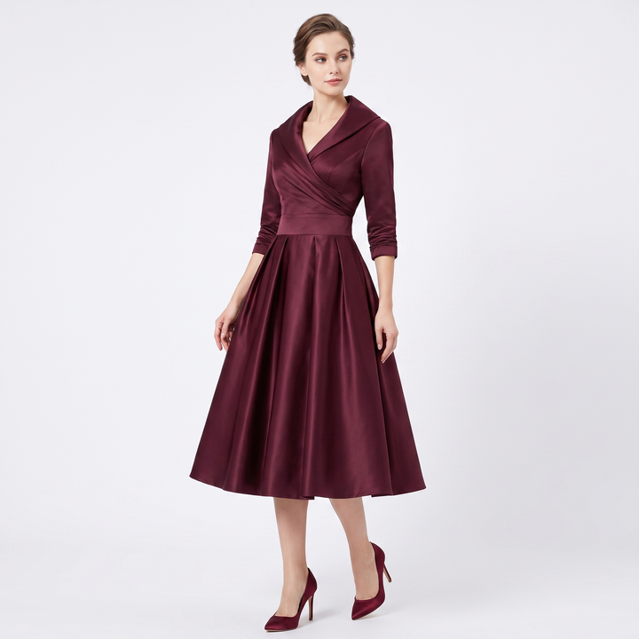 Women's Wrap V-Neck Midi Dress 3/4 Sleeve A-Line Formal Cocktail Party Dress
