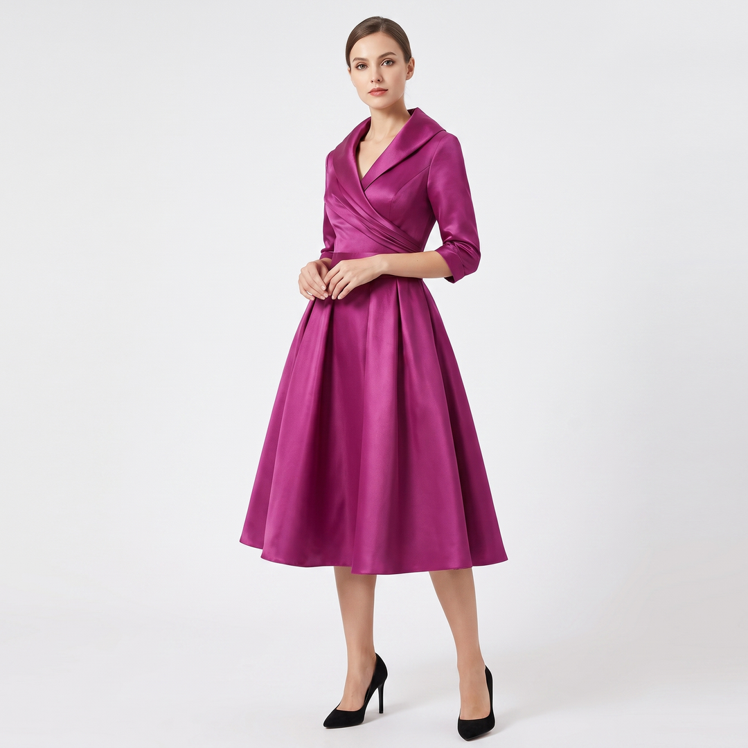 Women's Wrap V-Neck Midi Dress 3/4 Sleeve A-Line Formal Cocktail Party Dress