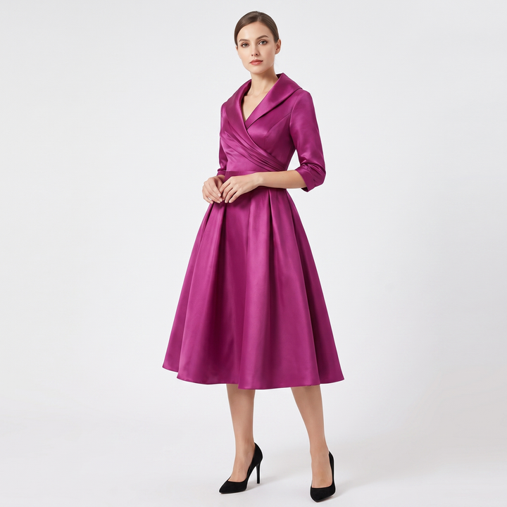 Women's Wrap V-Neck Midi Dress 3/4 Sleeve A-Line Formal Cocktail Party Dress