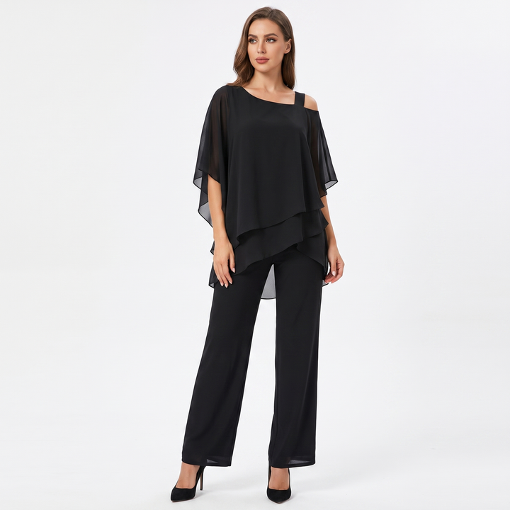 Women's Chiffon Two Piece Set Asymmetric Top Wide Leg Trousers Formal Outfit