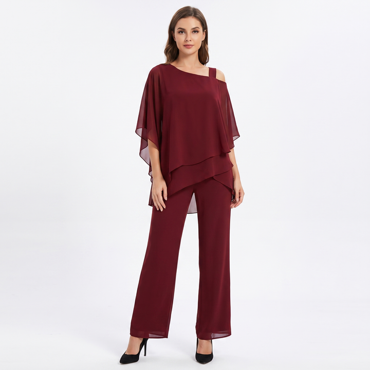 Women's Chiffon Two Piece Set Asymmetric Top Wide Leg Trousers Formal Outfit