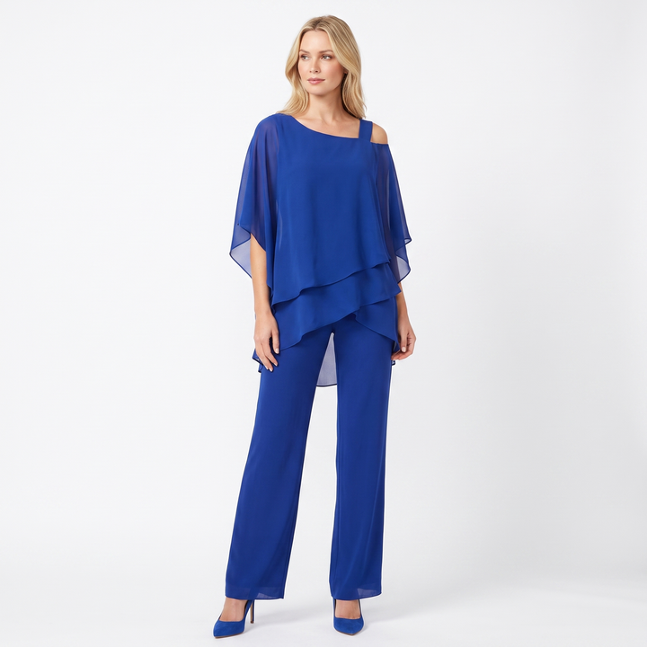 Women's Chiffon Two Piece Set Asymmetric Top Wide Leg Trousers Formal Outfit