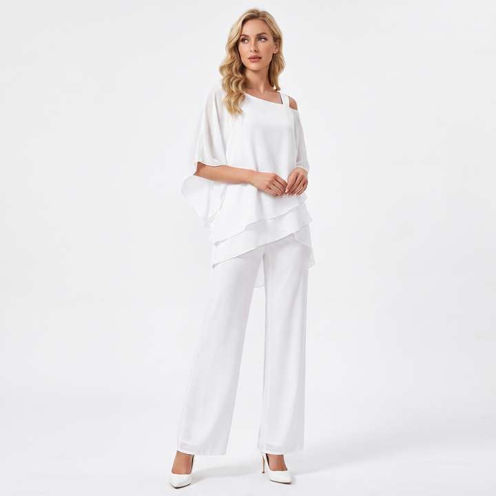 Women's Chiffon Two Piece Set Asymmetric Top Wide Leg Trousers Formal Outfit