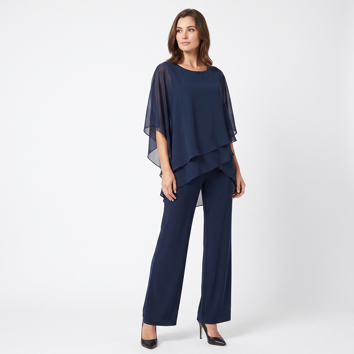 Women's Chiffon Two Piece Set Asymmetric Top Wide Leg Trousers Formal Outfit