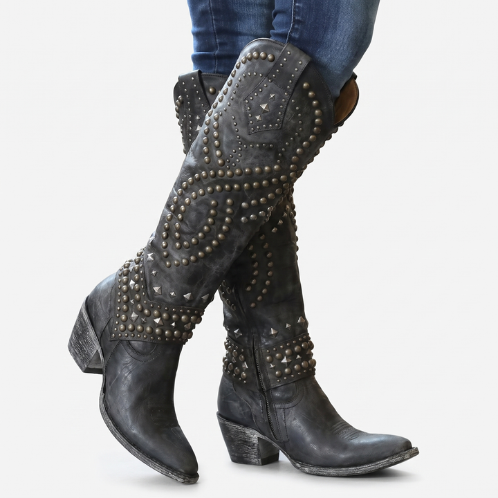 Women's Studded Knee High Western Boots Block Heel Pointed Toe Cowboy Boots