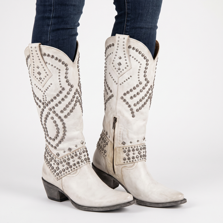 Women's Studded Knee High Western Boots Block Heel Pointed Toe Cowboy Boots