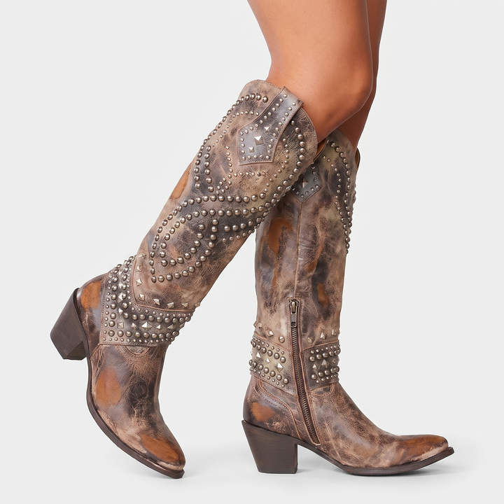 Women's Studded Knee High Western Boots Block Heel Pointed Toe Cowboy Boots