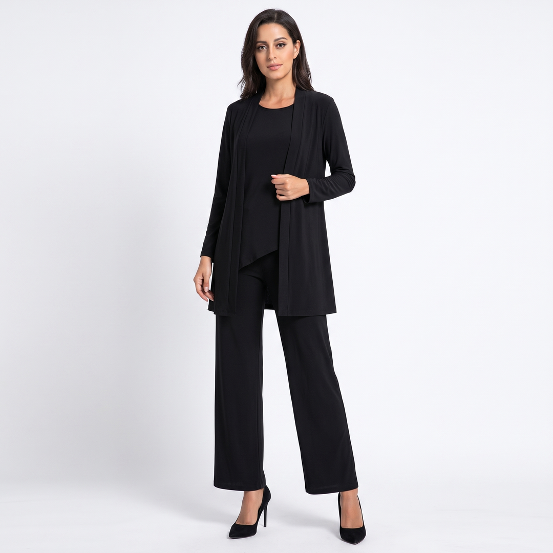 Women's Three Piece Trouser Suit Set Longline Cardigan Wide Leg Smart Casual
