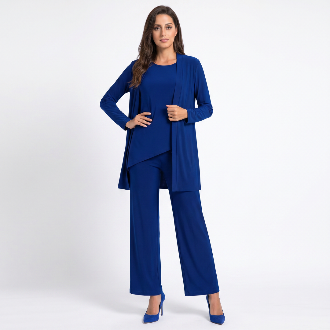 Women's Three Piece Trouser Suit Set Longline Cardigan Wide Leg Smart Casual