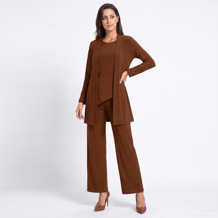 Women's Three Piece Trouser Suit Set Longline Cardigan Wide Leg Smart Casual