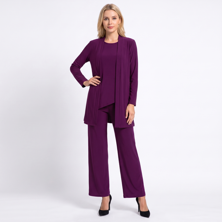 Women's Three Piece Trouser Suit Set Longline Cardigan Wide Leg Smart Casual